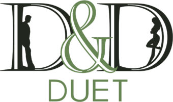 D&D Duet Text with man and woman silhouetted in the letters